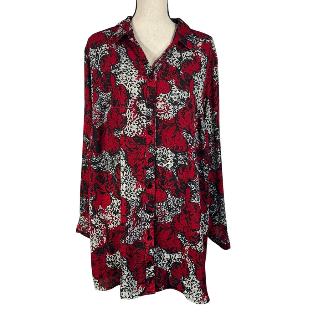 CJ Banks 3X-Large Tunic Top Button-Up Abstract Long Sleeves Hi-Low Hem V-Neck
